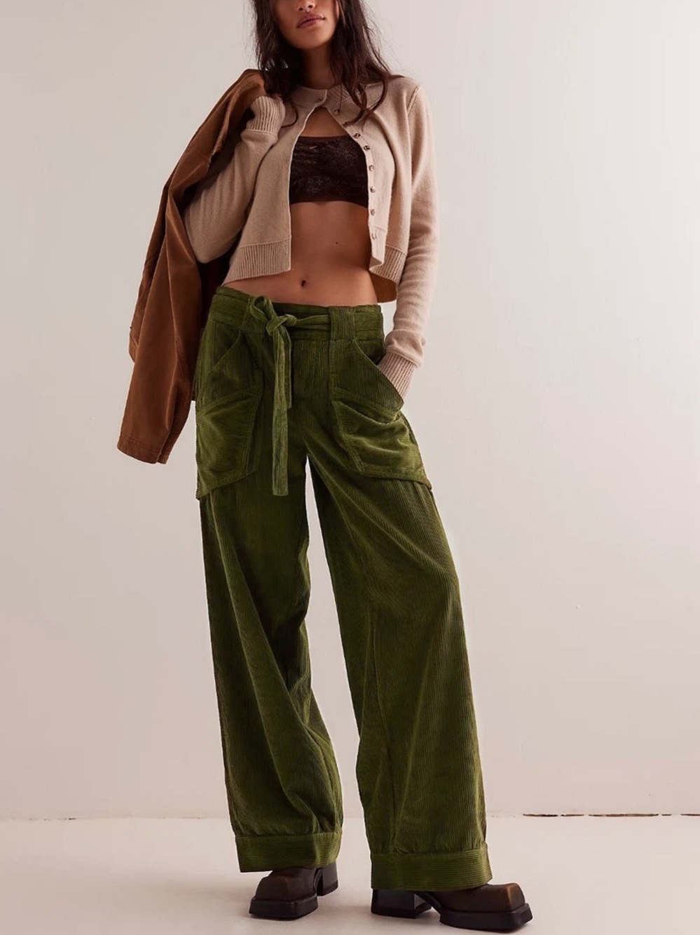 Free People Hazel Cord Pull-On Pants Size Medium Women's Trousers Pant Green